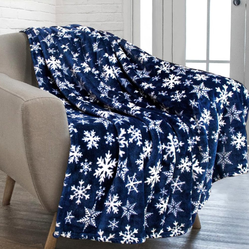 PAVILIA Christmas Throw Blanket | Navy Snowflake Christmas Fleece Blanket